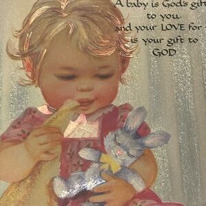 Vintage Baby Girl with Bunny Foil Art Print Nursery Decor